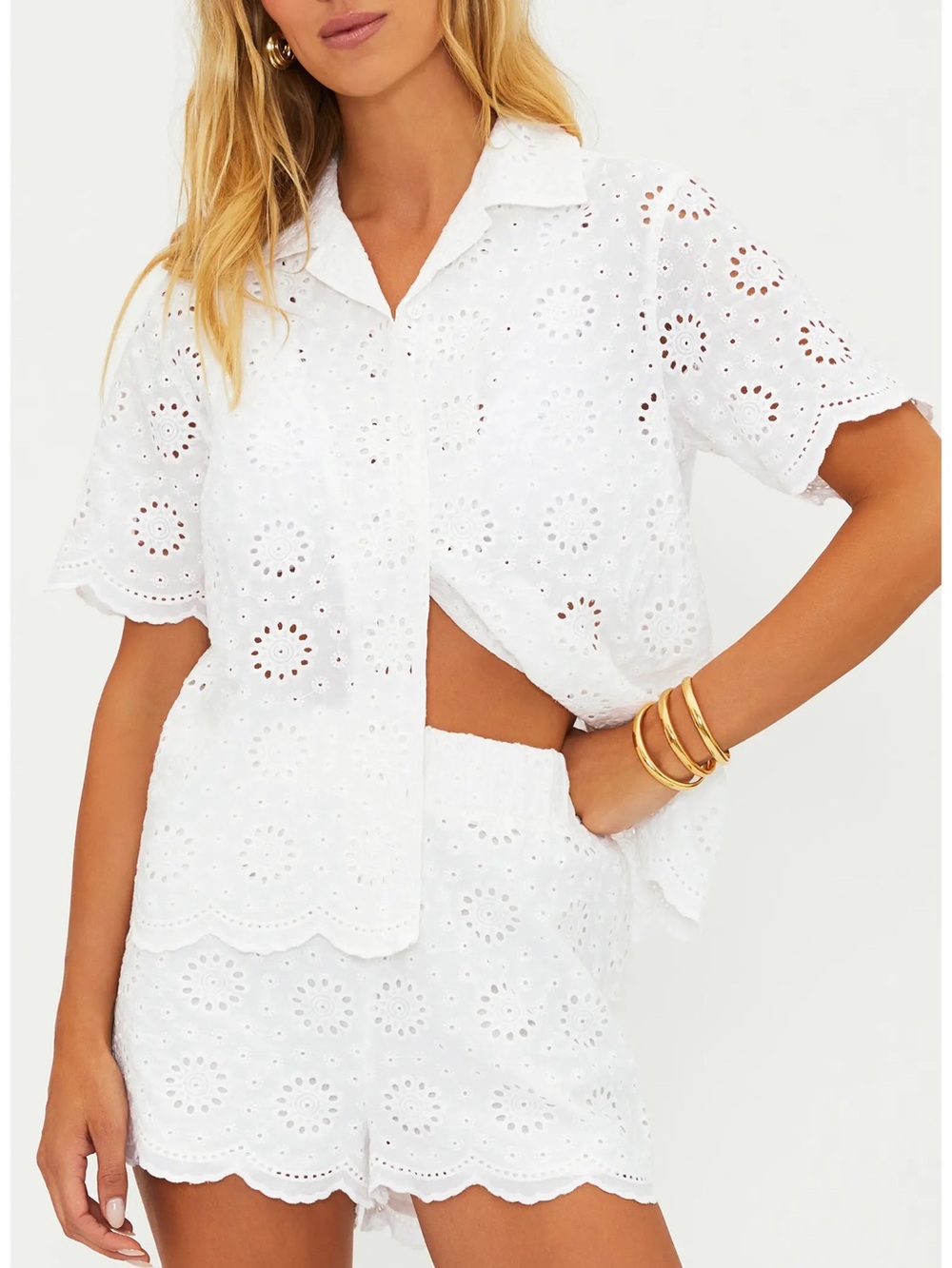 Beach Riot White Eyelet Button-Down Short Sleeve Shirt